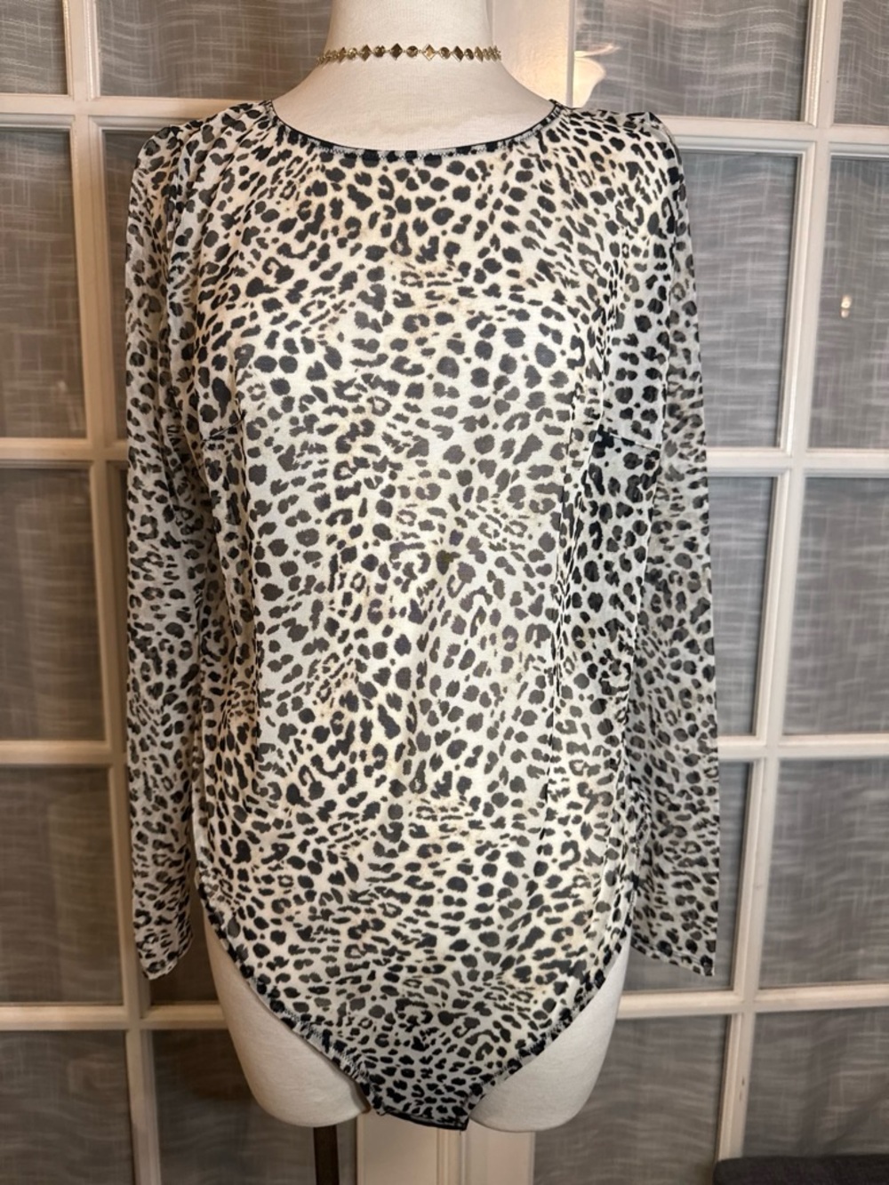 Cacique Black & Cream Leopard-Print Long Sleeve Bodysuit